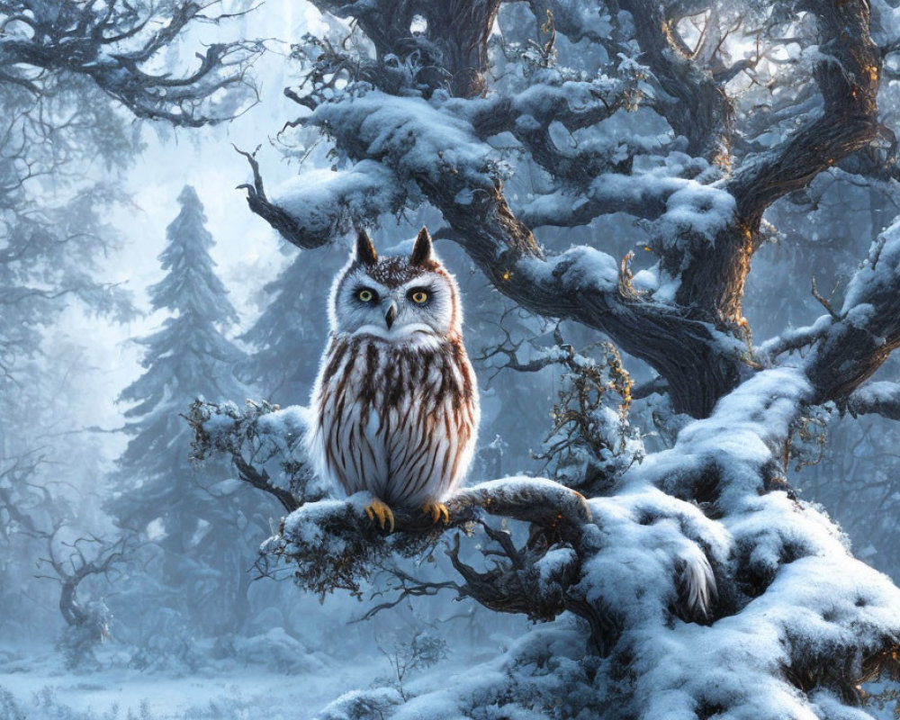 Snowy tree branch with owl in misty forest