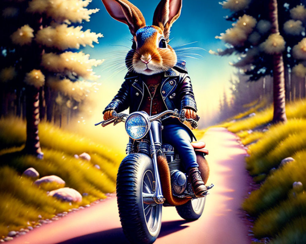 Anthropomorphic rabbit in leather jacket on motorcycle in twilight forest.