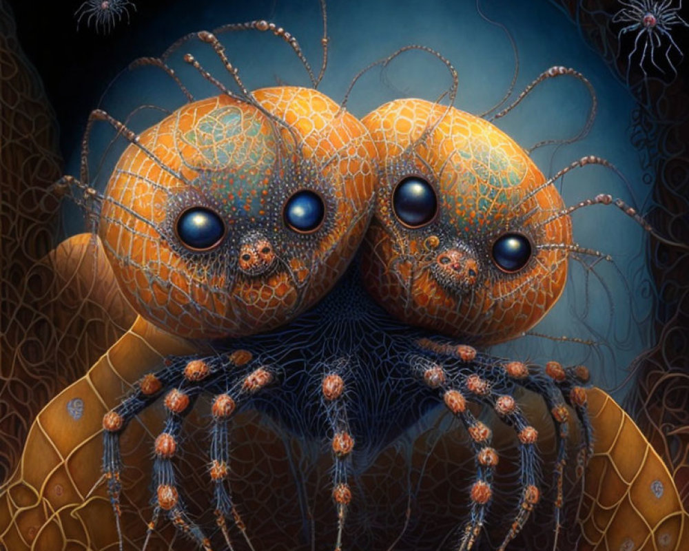 Surreal Artwork: Stylized Spiders with Orange Bodies on Blue Background