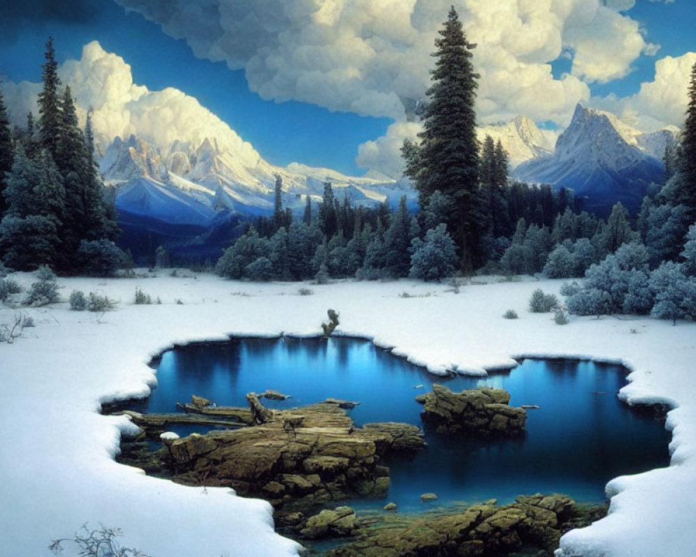 Heart-shaped lake in serene winter landscape with snow-covered trees