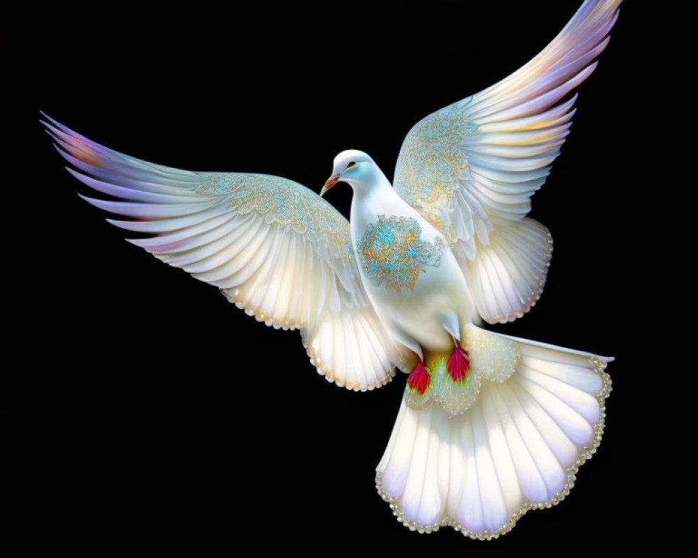 Elaborately detailed white dove with gold and blue patterns in flight