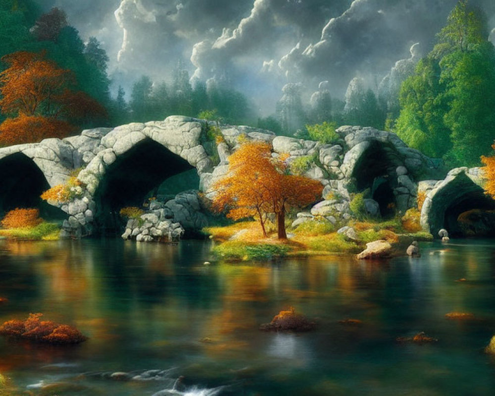 Tranquil autumn landscape with river, stone bridges, and lush trees