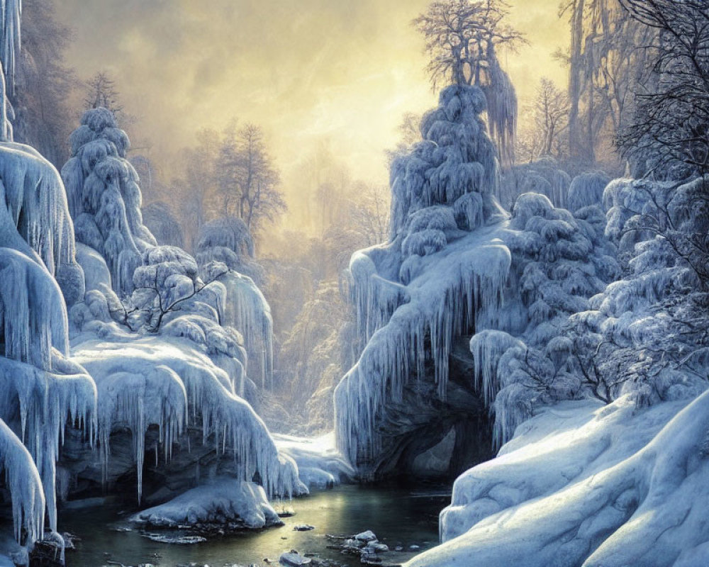 Frozen forest with icicles, snow-covered ground, and a small river in serene winter scene