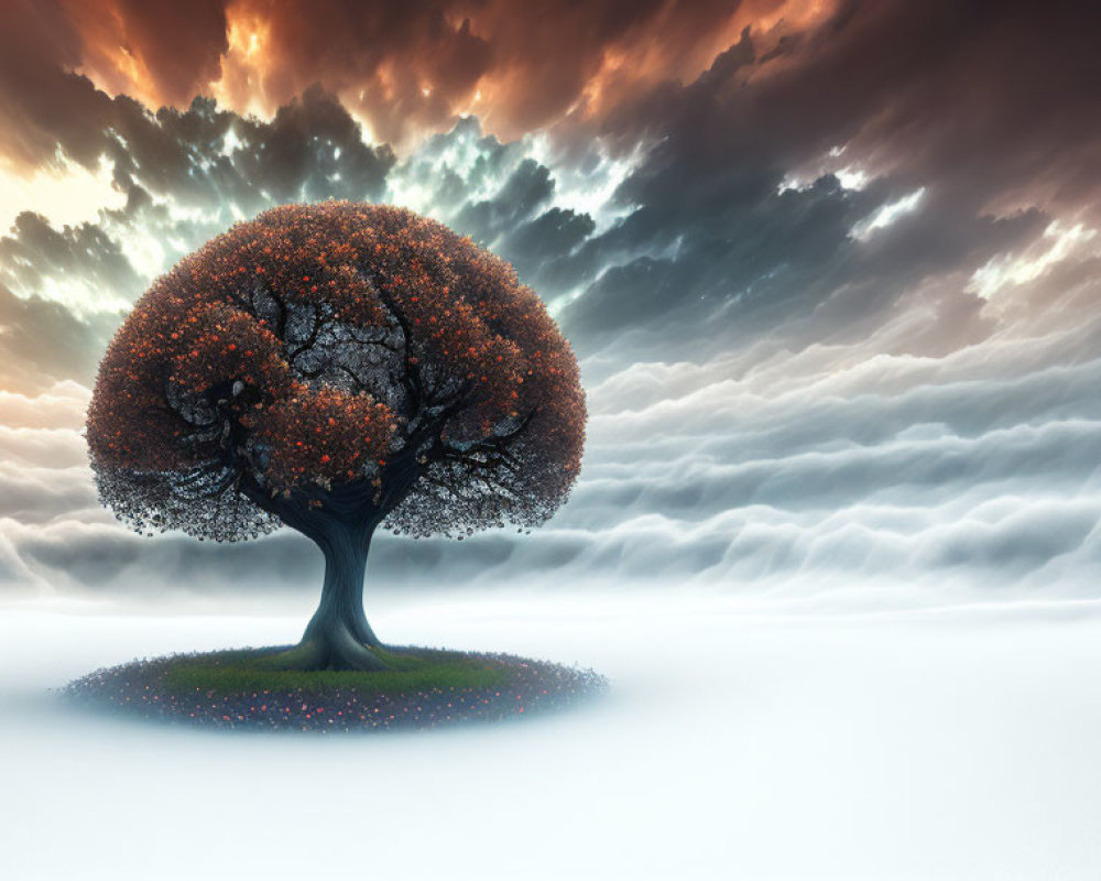 Solitary tree with orange canopy in surreal foggy landscape