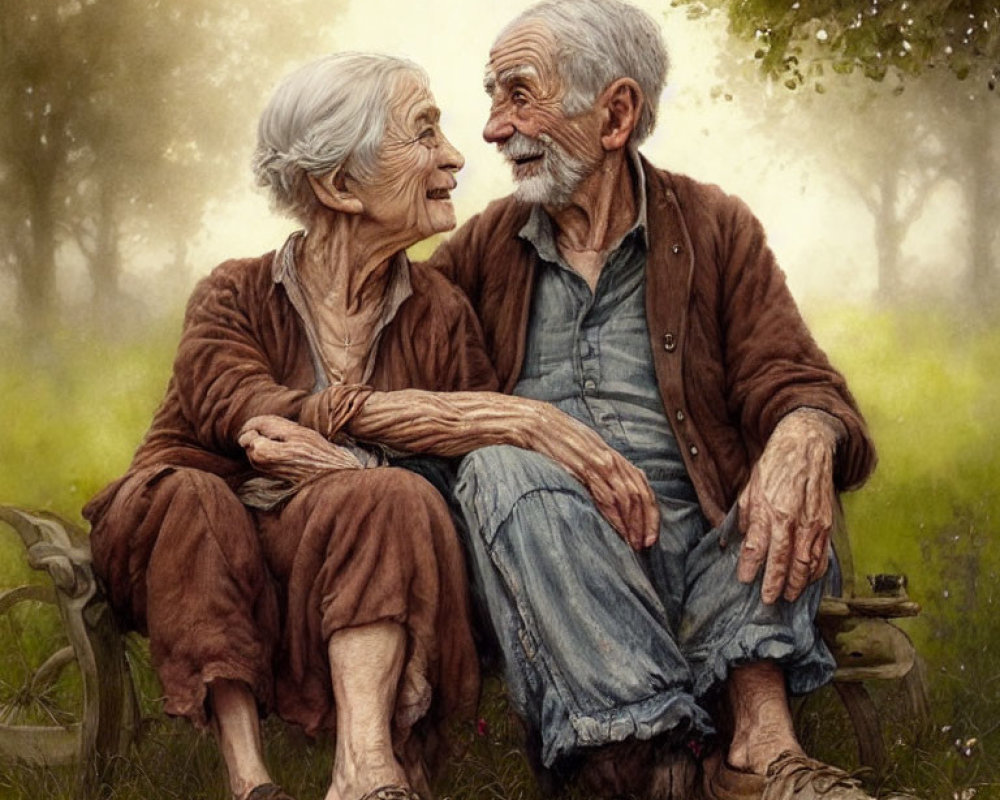 Elderly couple smiling warmly on outdoor bench