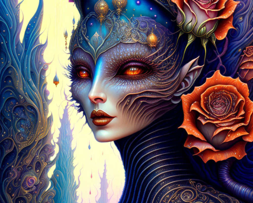 Fantasy artwork of blue-skinned female with golden adornments and ornate patterns