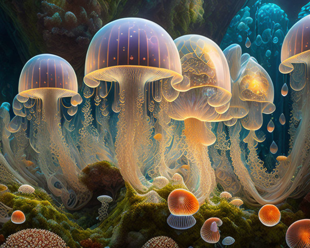 Bioluminescent jellyfish in vibrant underwater scene