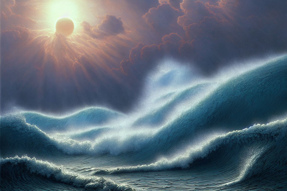Tranquil seascape with glistening waves and dramatic sky