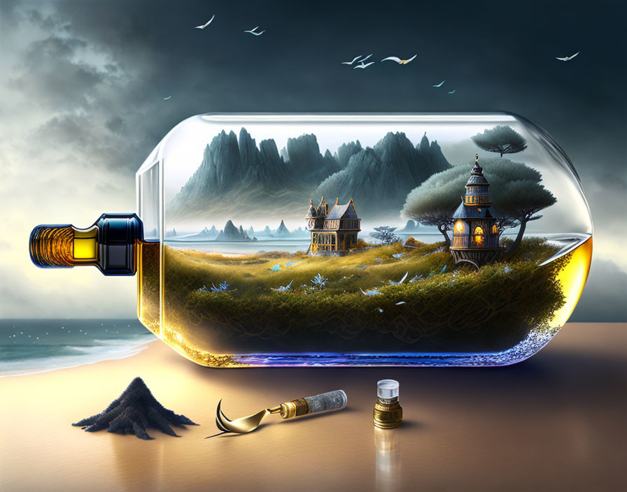 Fantastical landscape in a bottle with castle, treehouse, and quill on sand