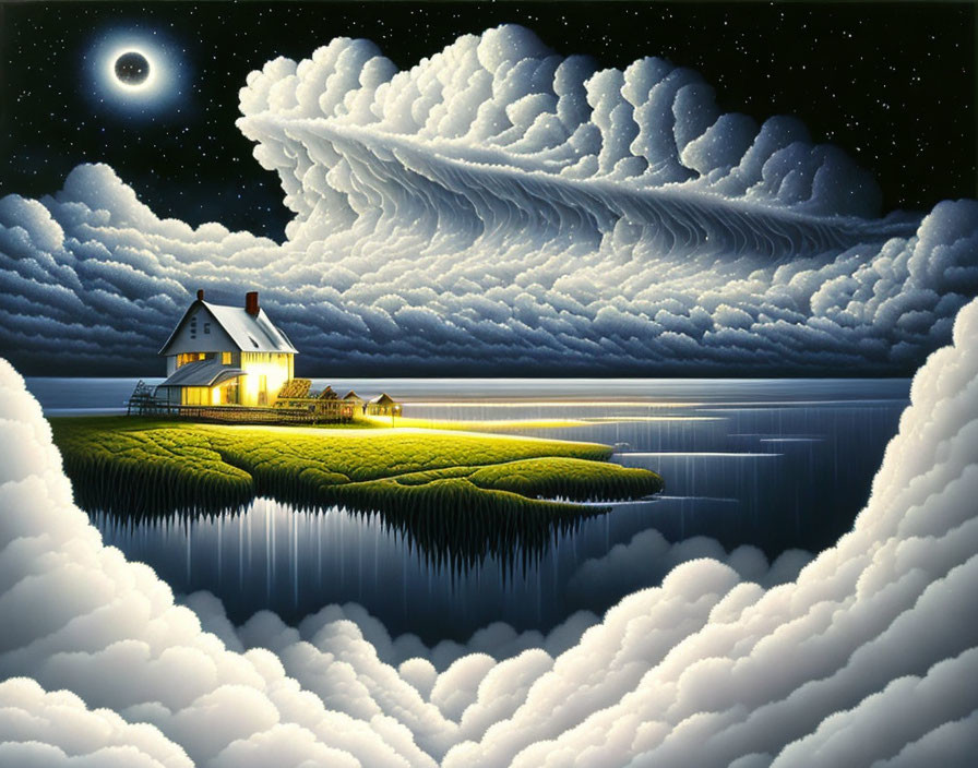Isolated house on glowing island in surreal moonlit landscape