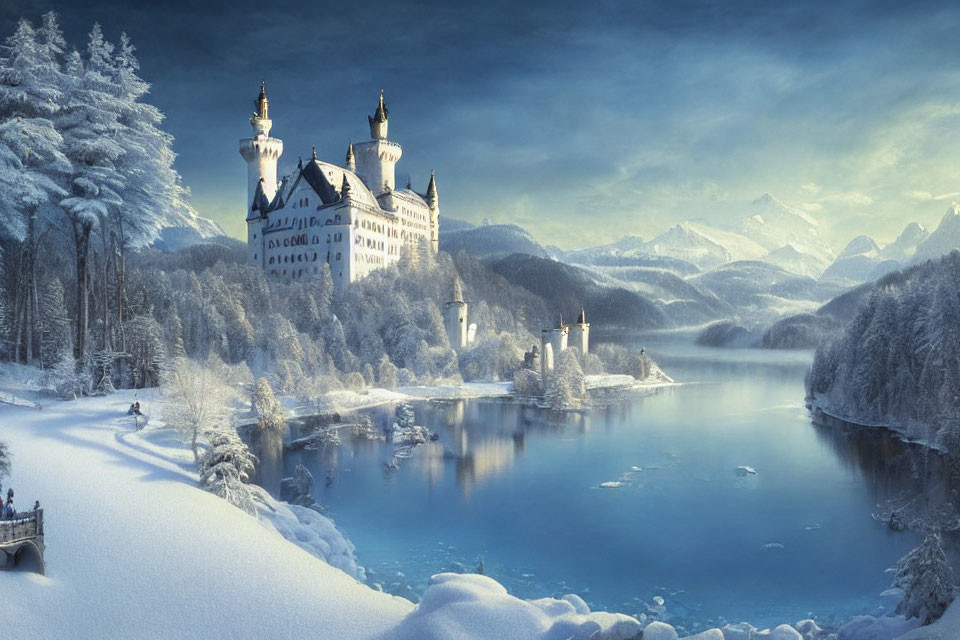 Snow-covered castle beside frozen lake and wintry mountains under blue sky
