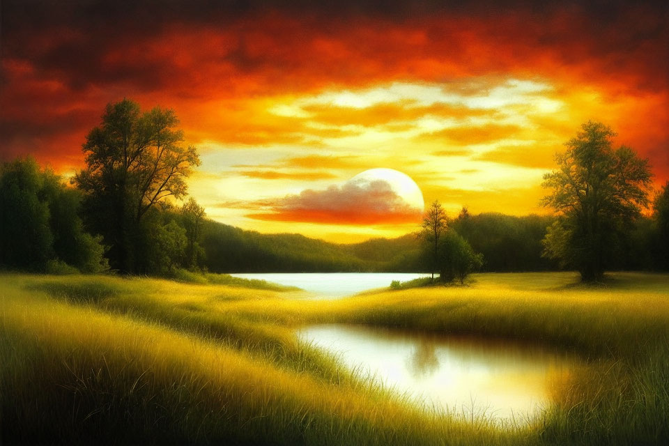 Scenic landscape with fiery sunset sky over serene lake