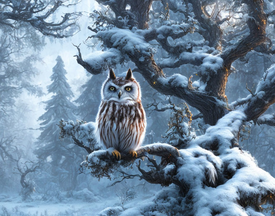 Snowy tree branch with owl in misty forest