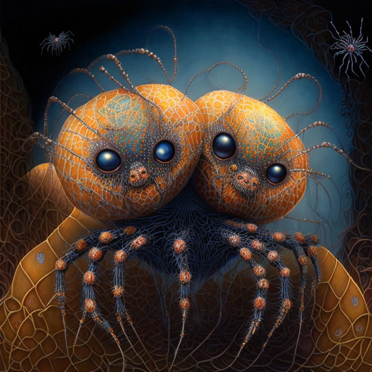 Surreal Artwork: Stylized Spiders with Orange Bodies on Blue Background
