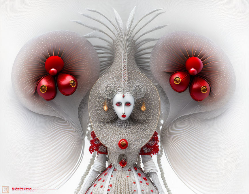 Symmetric Peacock-Like Humanoid Figure in Surreal Digital Art
