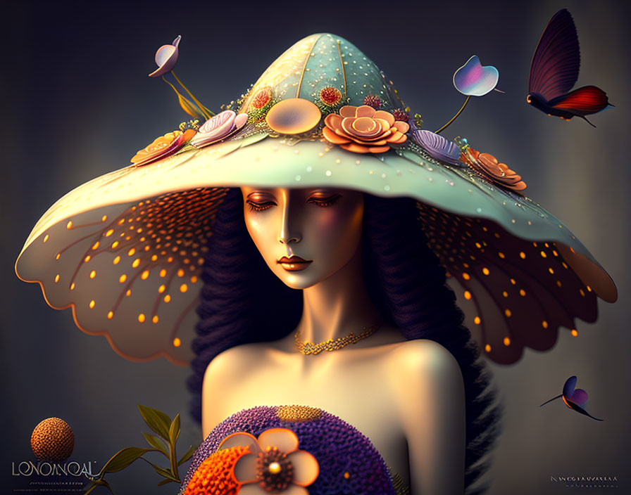 Illustration of woman with mushroom cap hat, flowers, and butterflies on muted background