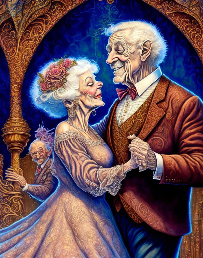 Elderly couple in elegant attire dancing joyfully