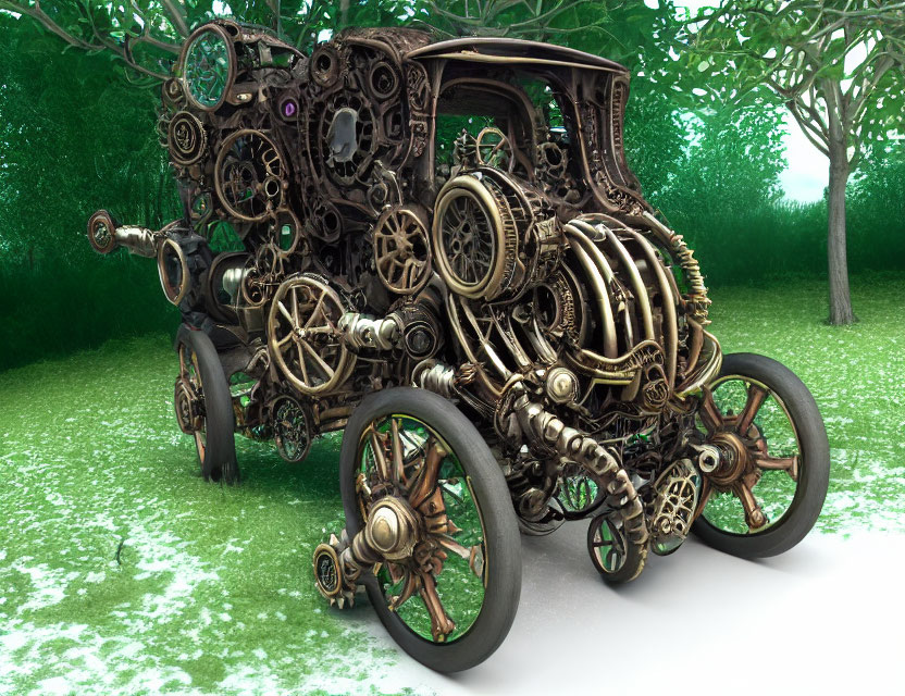 Steampunk-style Carriage with Ornate Gears in Lush Green Setting