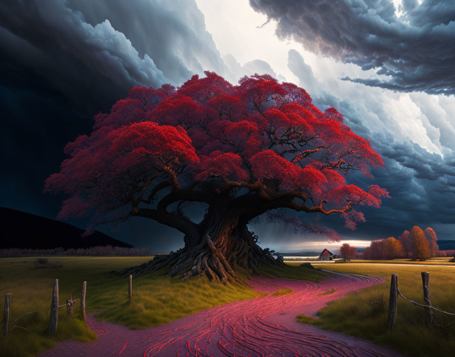 Vibrant red tree under tumultuous sky with winding path and solitary house