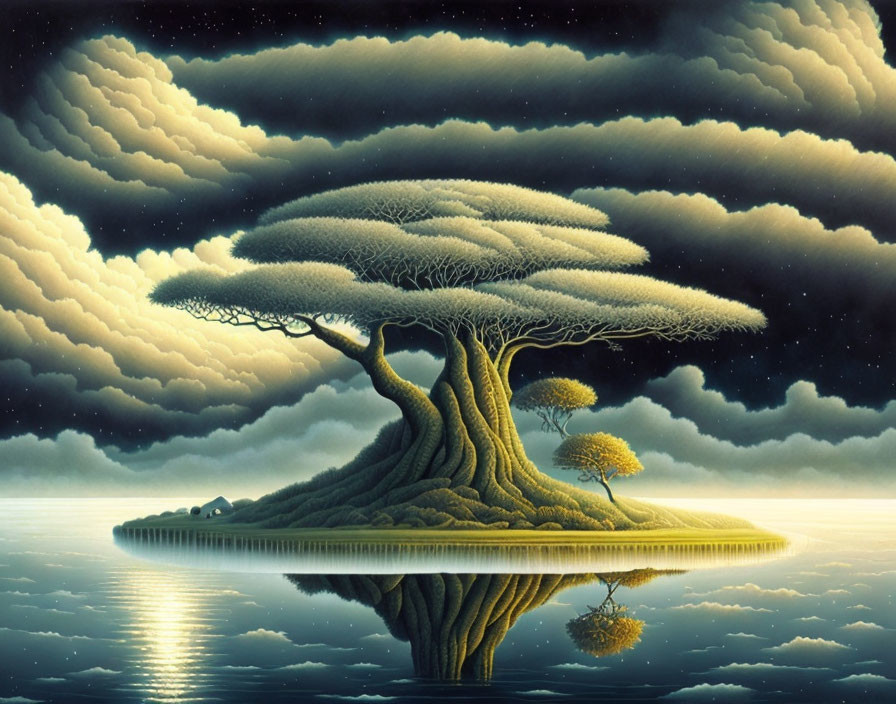 Majestic tree on floating island with surreal sky