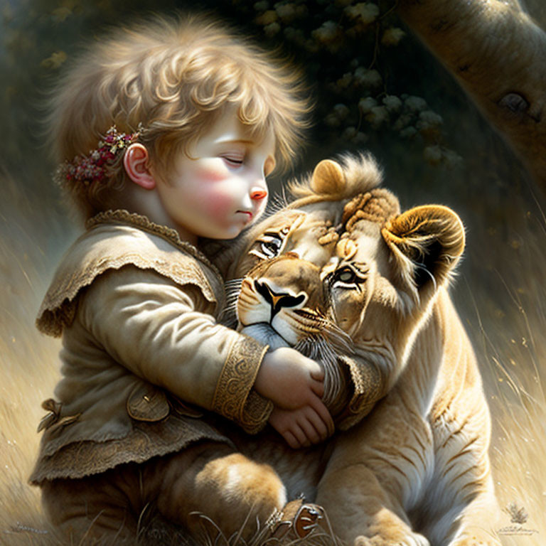 Child in vintage clothing hugs serene lion in tranquil setting