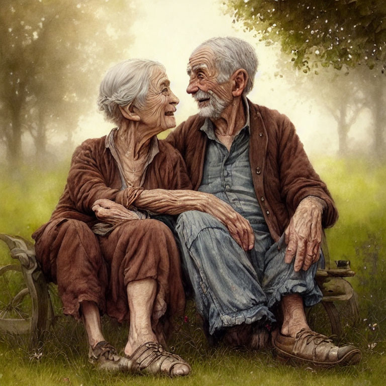 Elderly couple smiling warmly on outdoor bench