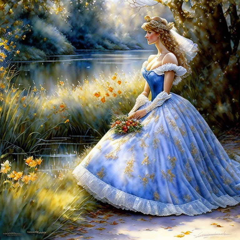 Woman in Elegant Blue Gown by Serene Riverside