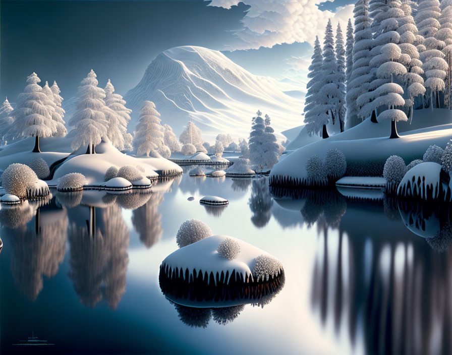 Snow-covered Trees and Hills Reflecting on Still Lake in Winter Landscape