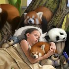Child Sleeping Surrounded by Cats and Kittens on Bed