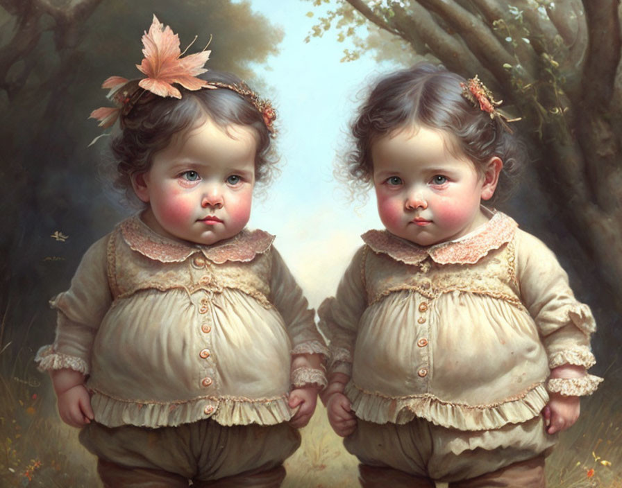 Two cherubic toddlers in matching outfits and hair accessories in a forest setting