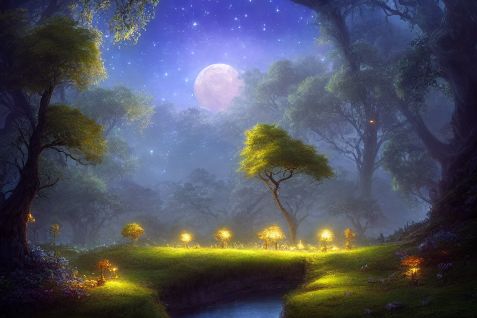 Enchanting night forest with glowing trees, river, and large moon