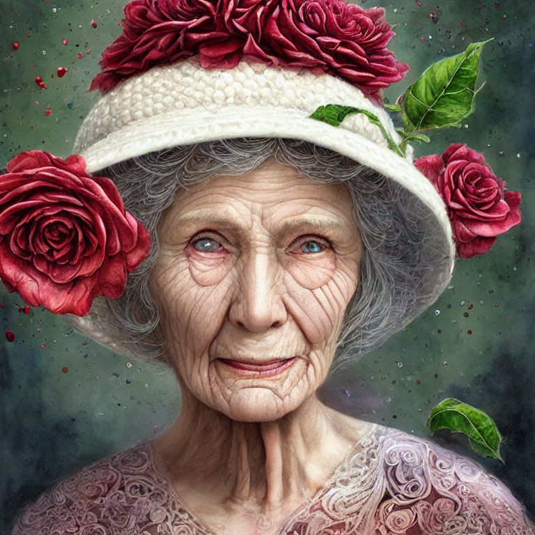 Elderly woman in white hat with red roses on green background
