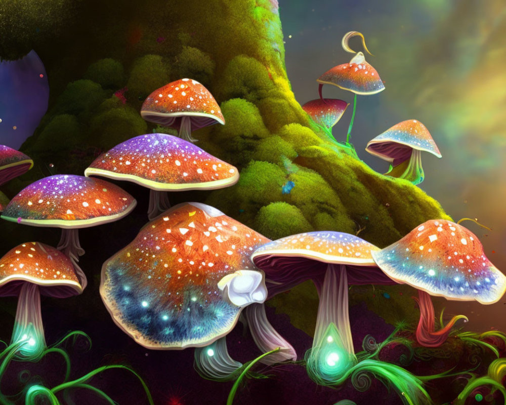 Fantastical mushrooms with starry caps in colorful forest scene