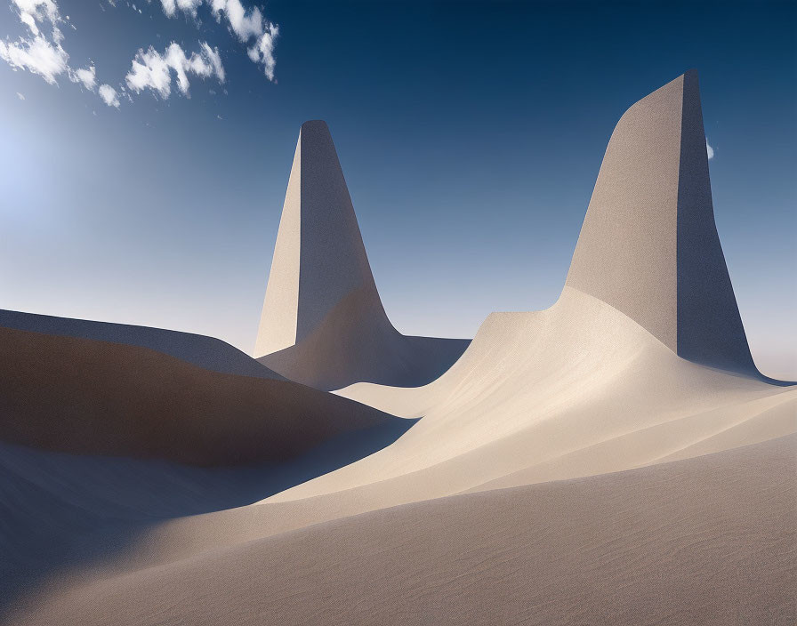 Surreal desert landscape with conical structures in sand dunes