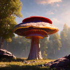 Futuristic mushroom-shaped building in lush forest with figures observing