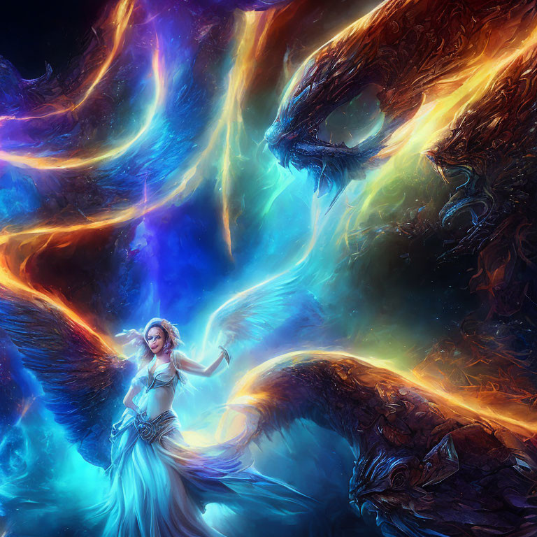 Woman in Blue Dress with Cosmic Dragons in Starry Background