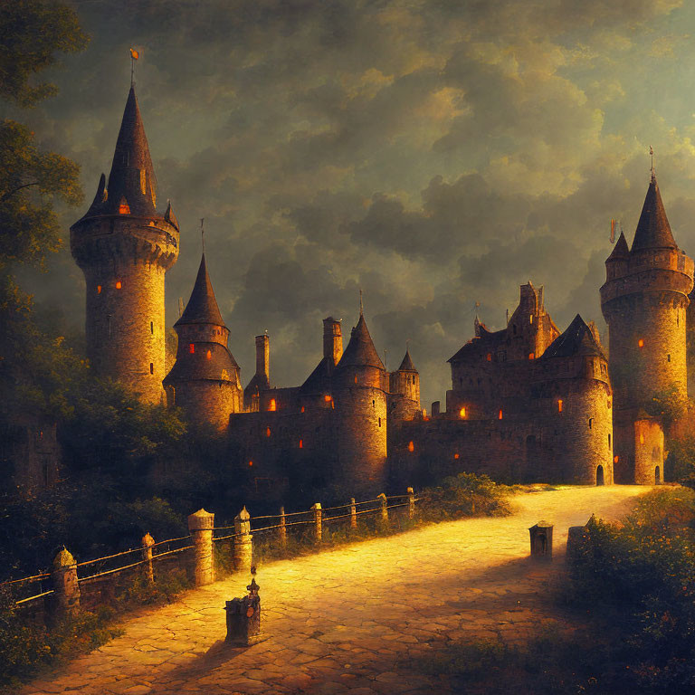 Medieval castle with towering spires in forested landscape at dusk