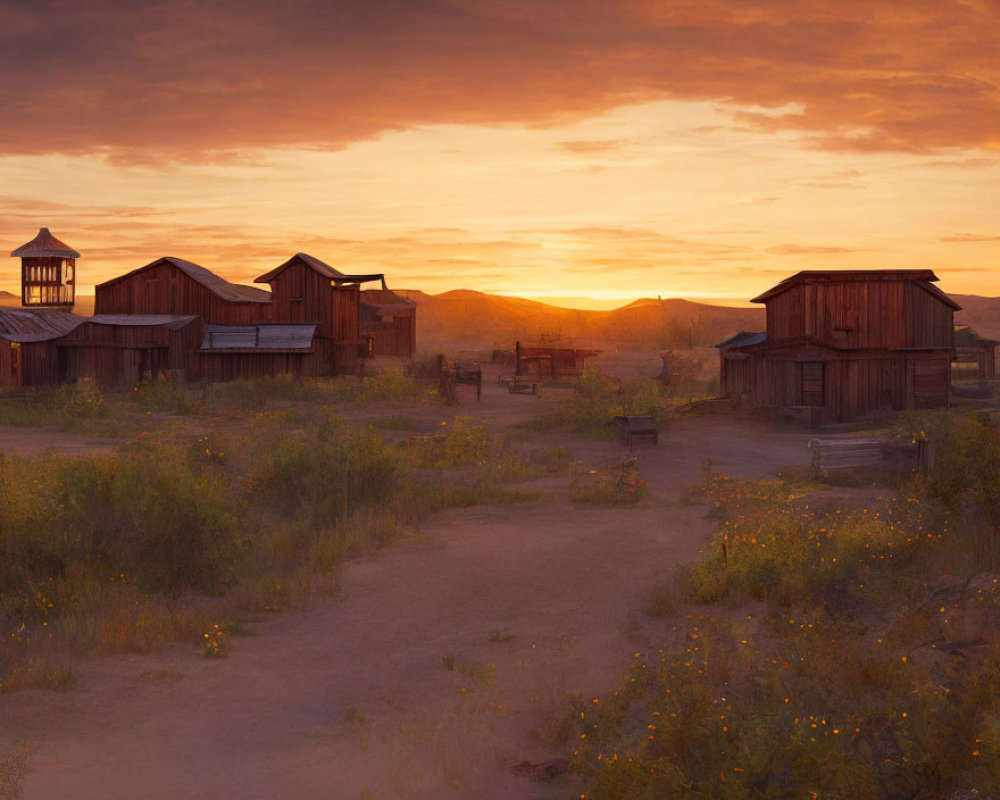Abandoned Western ghost town at sunset with wooden buildings and wildflowers