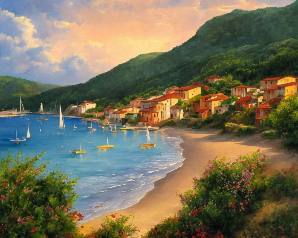 Scenic coastal village with terracotta roofed houses, boats on calm bay, lush greenery