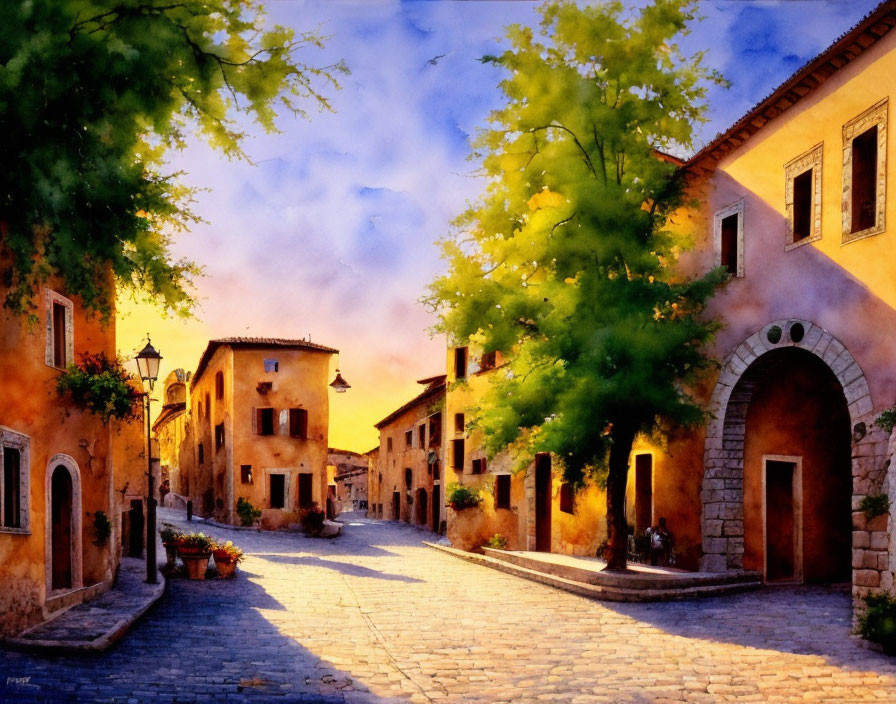 European cobblestone street painting with quaint buildings and lush trees.