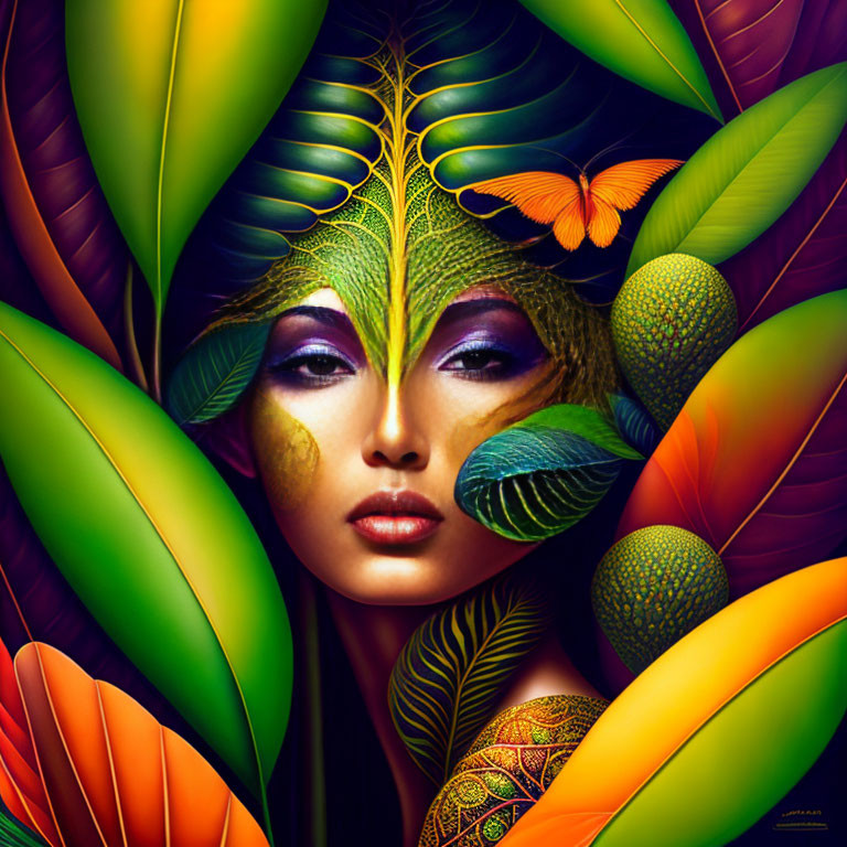 Colorful butterflies and leaf-like patterns on woman's face illustration