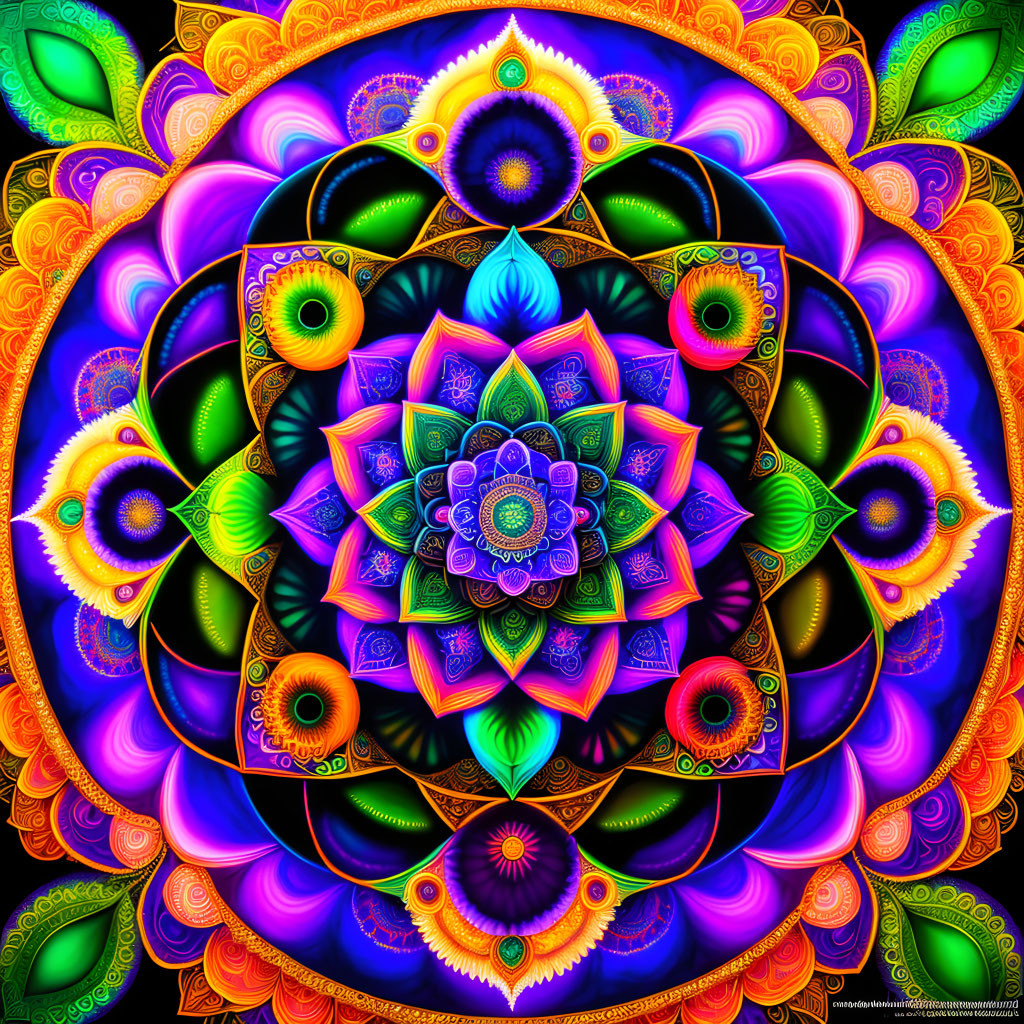 Colorful symmetrical digital mandala with intricate patterns and geometric designs