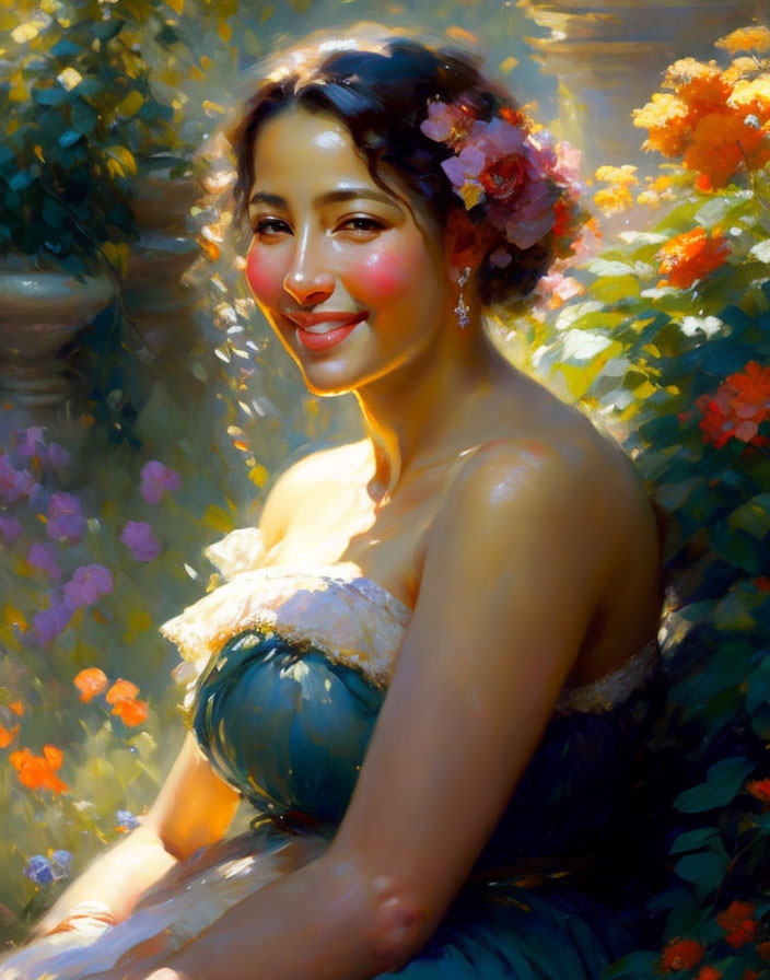 Smiling woman with flowers in hair in sunlit garden
