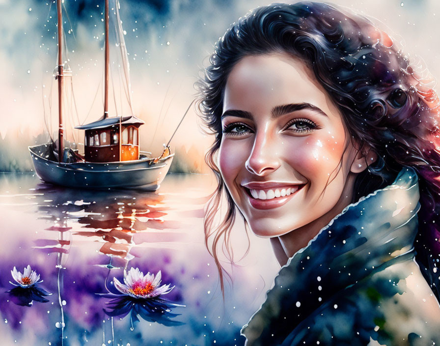 Colorful Illustration: Smiling Woman with Boat and Water Lilies