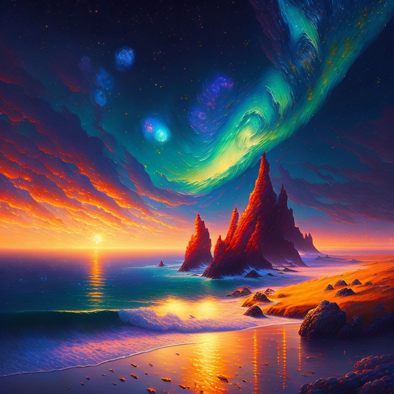 Surreal coastal landscape with fiery skies and swirling galaxy