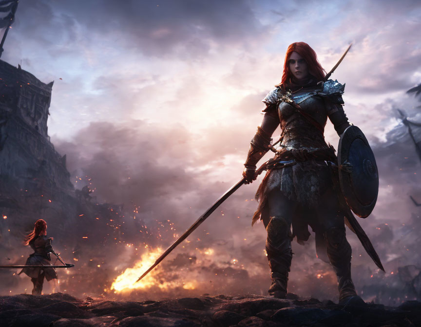 Red-Haired Warrior Woman in Armor with Sword and Shield on Smoldering Battlefield