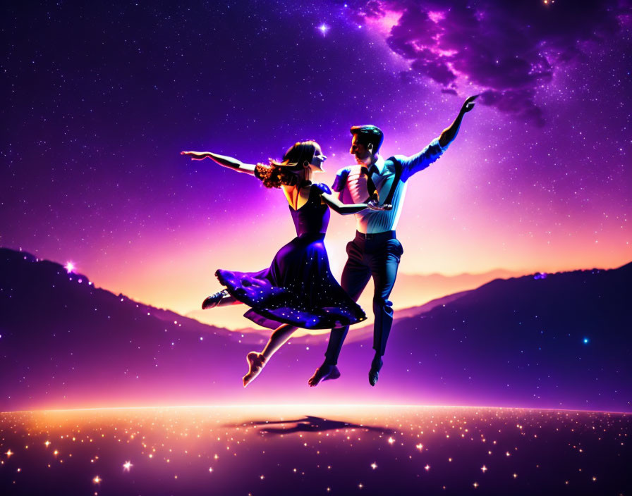 Silhouetted couple dances in vivid purple and pink sky above reflective surface