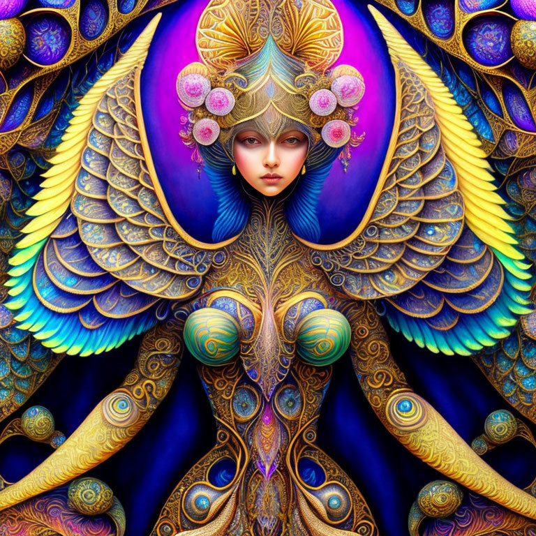 Colorful mystical artwork of woman with feathered headdress