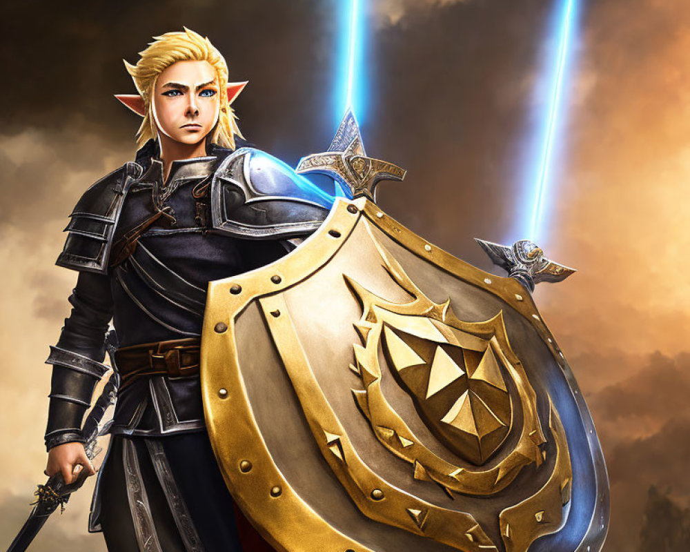 Illustrated elf warrior with triforce shield and sword under mystical sky