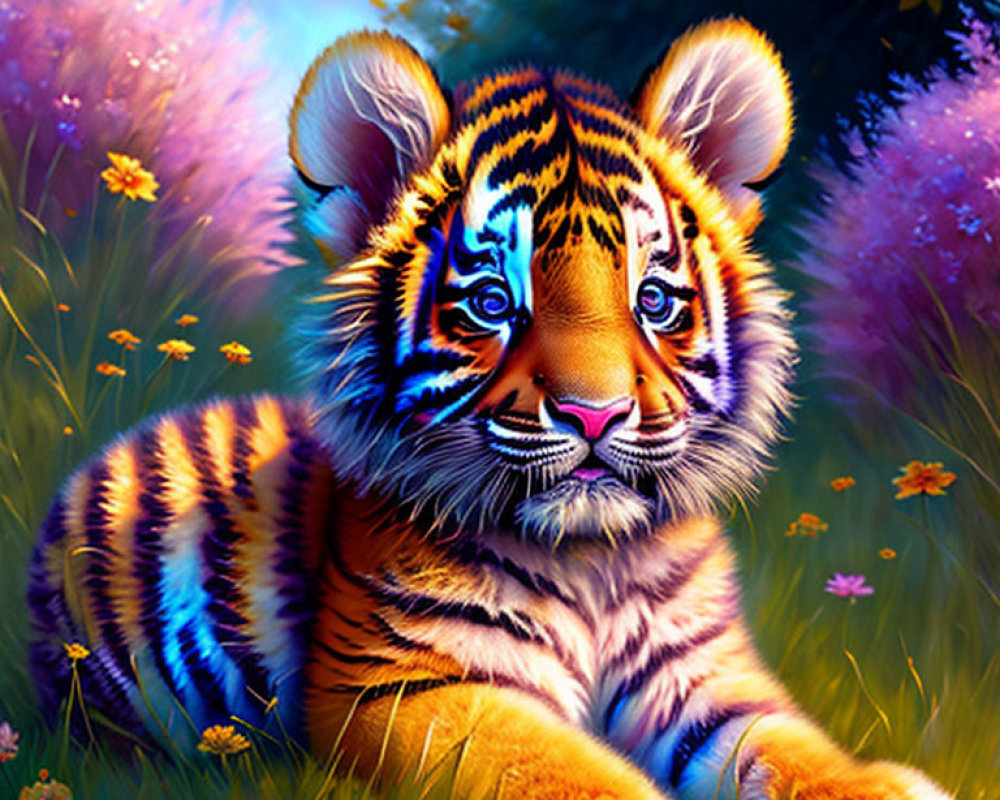 Colorful painting of tiger cub in meadow with purple and pink flowers